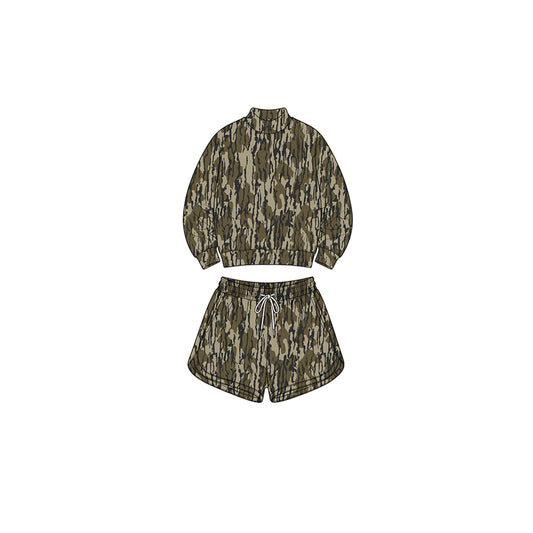 Preorder moq 5 Baby Girls Wood Camo Long Sleeve Top Pockets Shorts Yoga Active Clothes Set