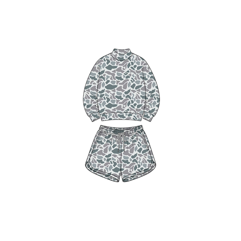 Preorder moq 5 Baby Girls Light Grey Camo Long Sleeve Top Pockets Shorts Yoga Active Clothes Set