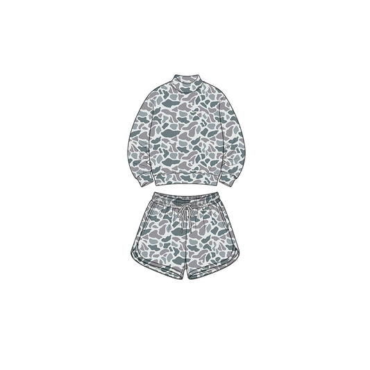 Preorder moq 5 Baby Girls Light Grey Camo Long Sleeve Top Pockets Shorts Yoga Active Clothes Set