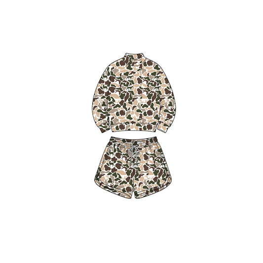 Preorder moq 5 Baby Girls Deer Dogs Ducks Camo Long Sleeve Top Pockets Shorts Yoga Active Clothes Set