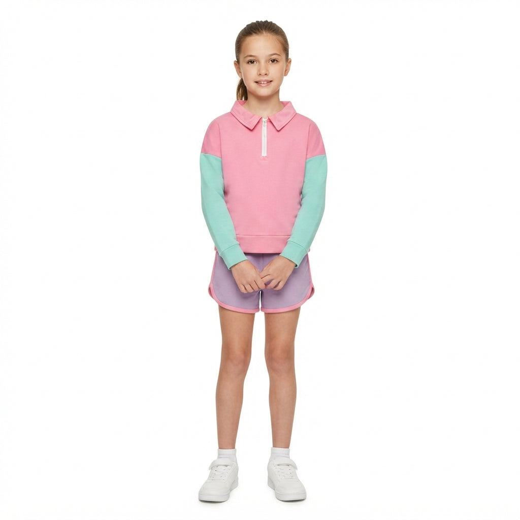 Baby Girls Long Sleeve Patchwork Zip Pullovers Short Clothes Sets