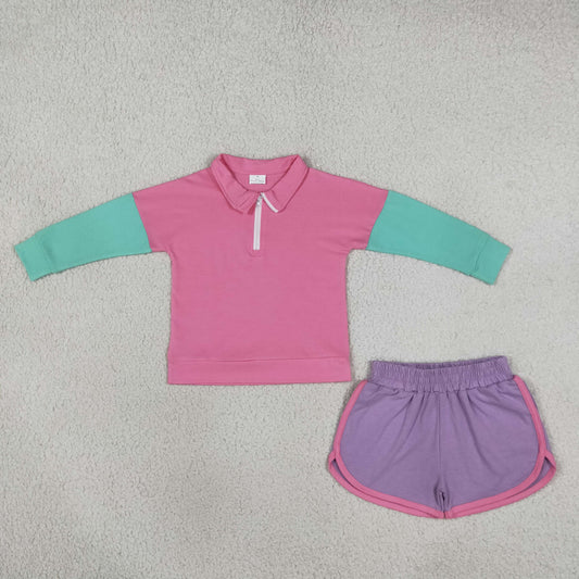 Baby Girls Long Sleeve Patchwork Zip Pullovers Short Clothes Sets