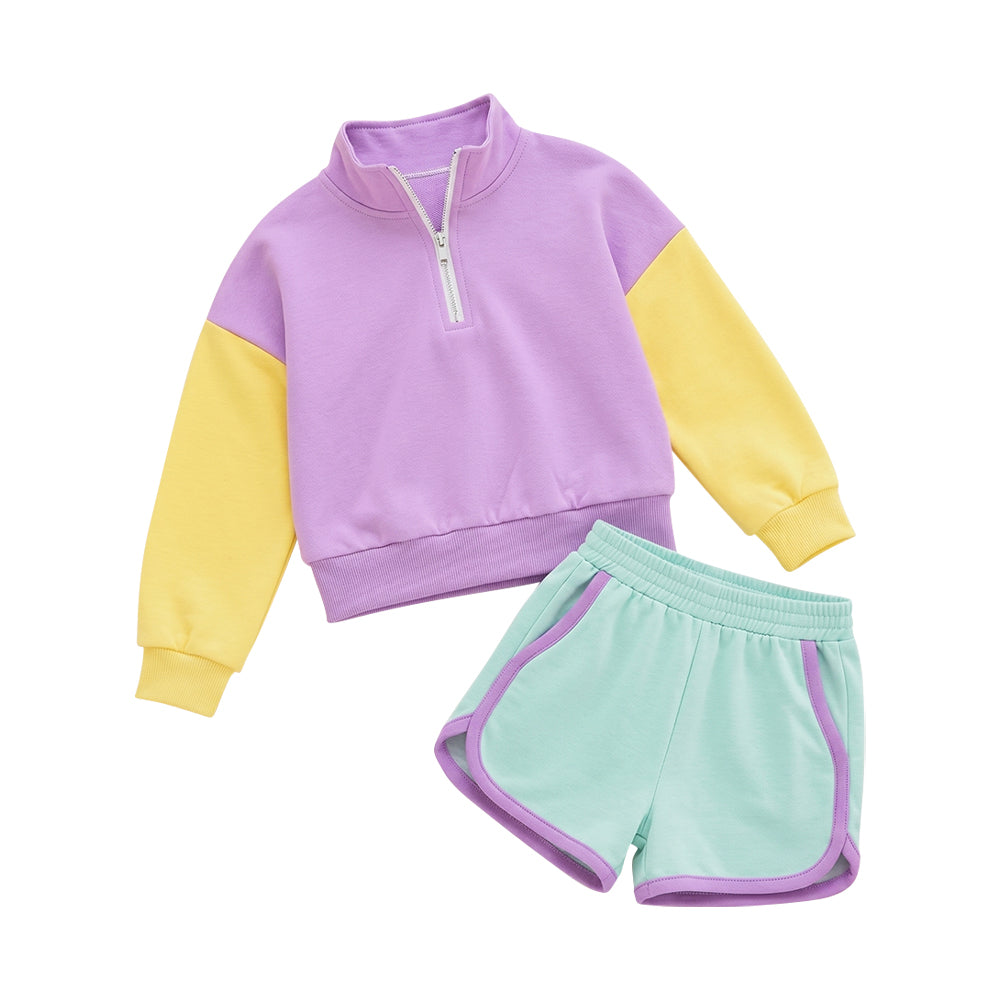 Preorder moq 5 Baby Girls Patchwork Zip Pullovers Pockets Short Clothes Sets