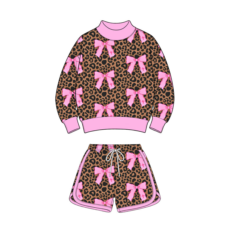 Preorder moq 5 Baby Girls Leopard Bows Long Sleeve Top Short Clothes Set