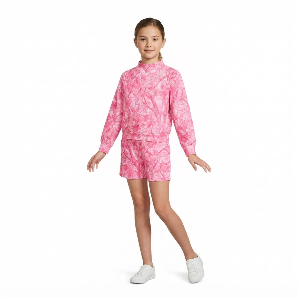 Baby Girls Pink Leaves Camo Choker Top Pockets Short Clothes Set