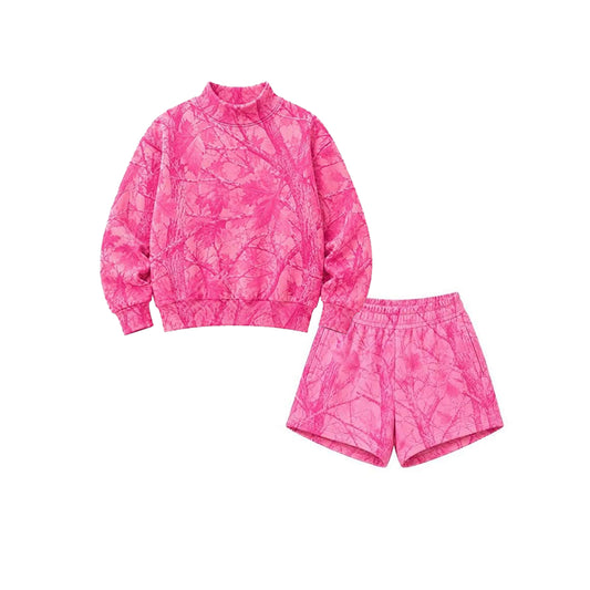 Preorder moq 5 Adult Women Pink Leaves Camo Top Pockets Short Clothes Sets