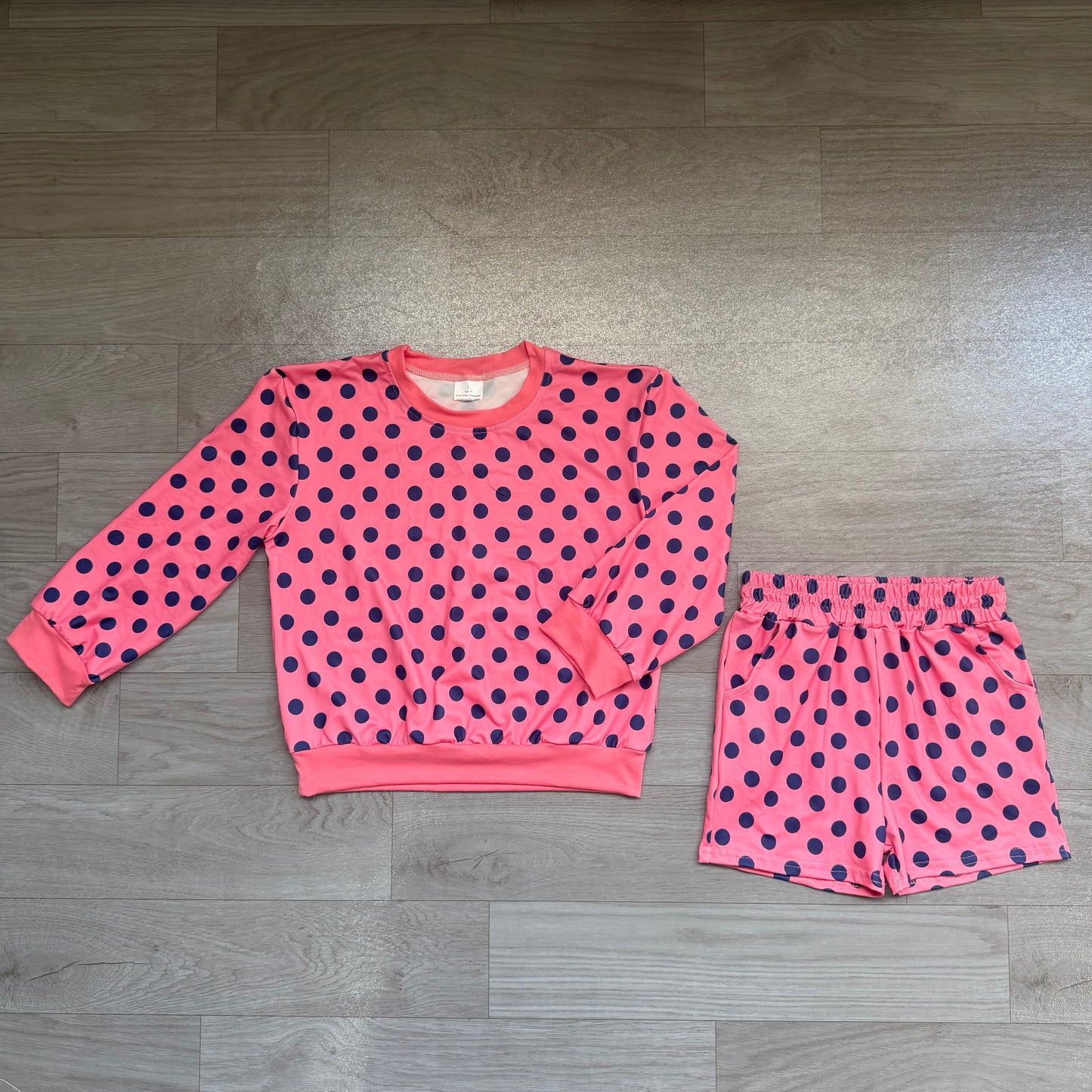 Baby Girls Pink Long Sleeve olka Dots Top Pockets Short Clothes Set Preorder