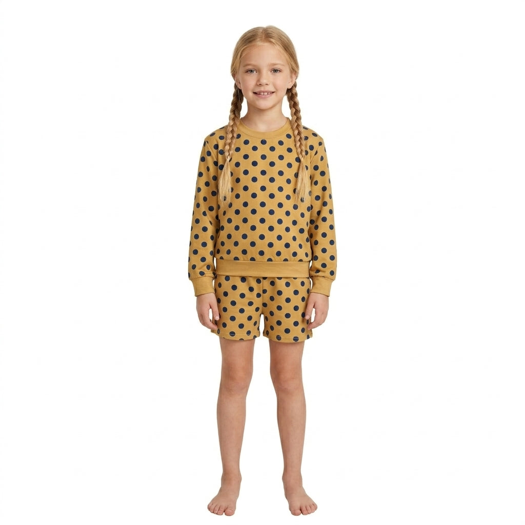 Baby Girls Mustard Long Sleeve Polka Dots Slouchy Top Pockets Short Clothes Set