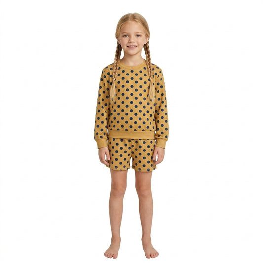 Baby Girls Mustard Long Sleeve Polka Dots Slouchy Top Pockets Short Clothes Set