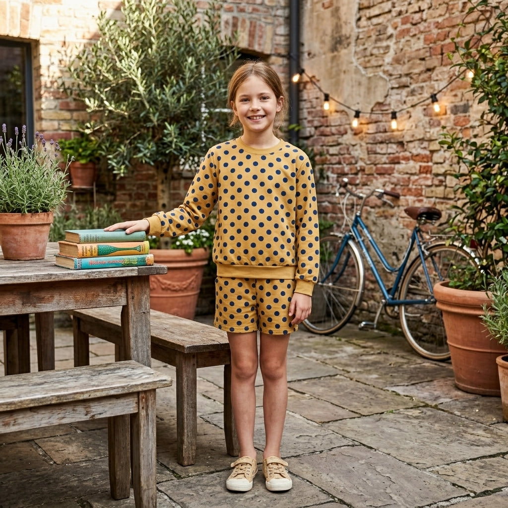 Baby Girls Mustard Long Sleeve Polka Dots Slouchy Top Pockets Short Clothes Set
