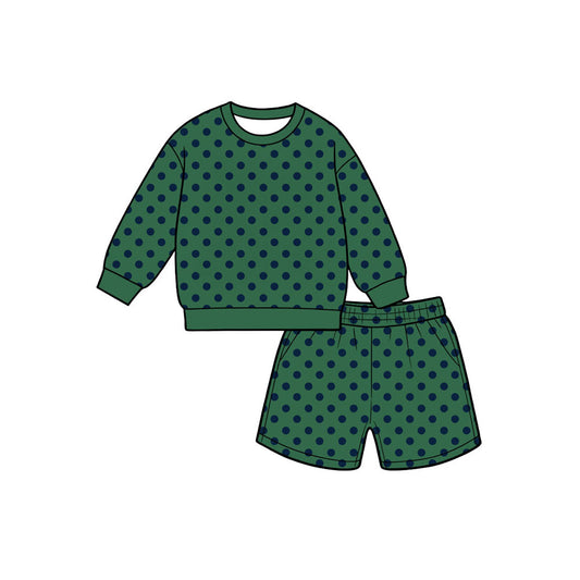 Preorder moq 5 Baby Girls Green Polka Dots Top Pockets Short Clothes Set