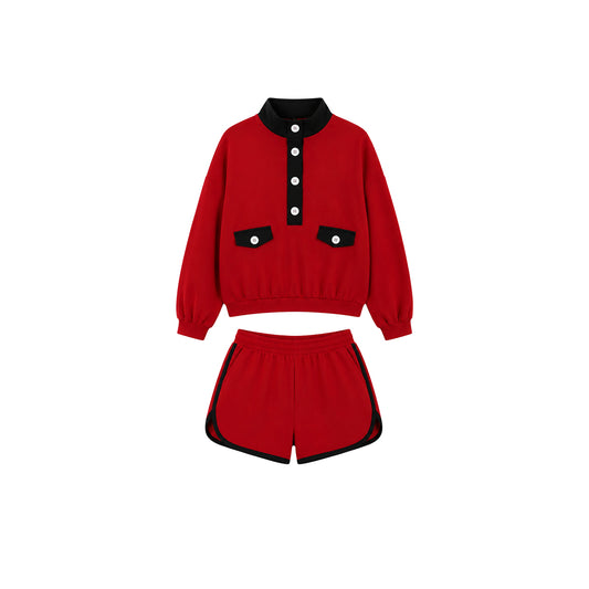 Preorder moq 5 Baby Girls Long Sleeve Pockets Button Pullover Short Clothes Set