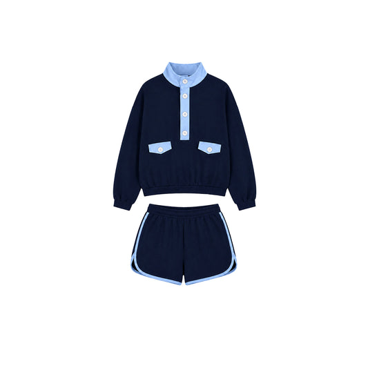 Preorder moq 5 Baby Girls Long Sleeve Pockets Button Pullover Short Clothes Set