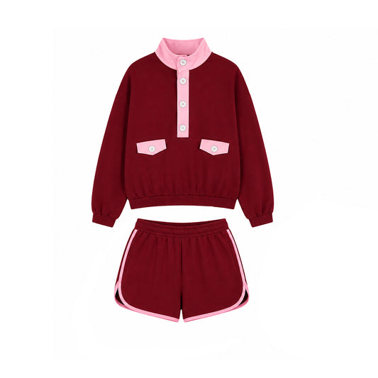 Preorder moq 5 Adult Women Long Sleeve Button Pockets Top Short Clothes Sets