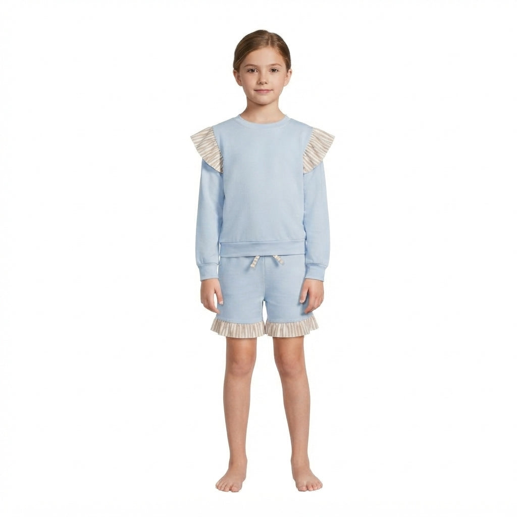Baby Girls Blue Long Flutter Sleeve Top Pockets Ruffle Short Clothes Set