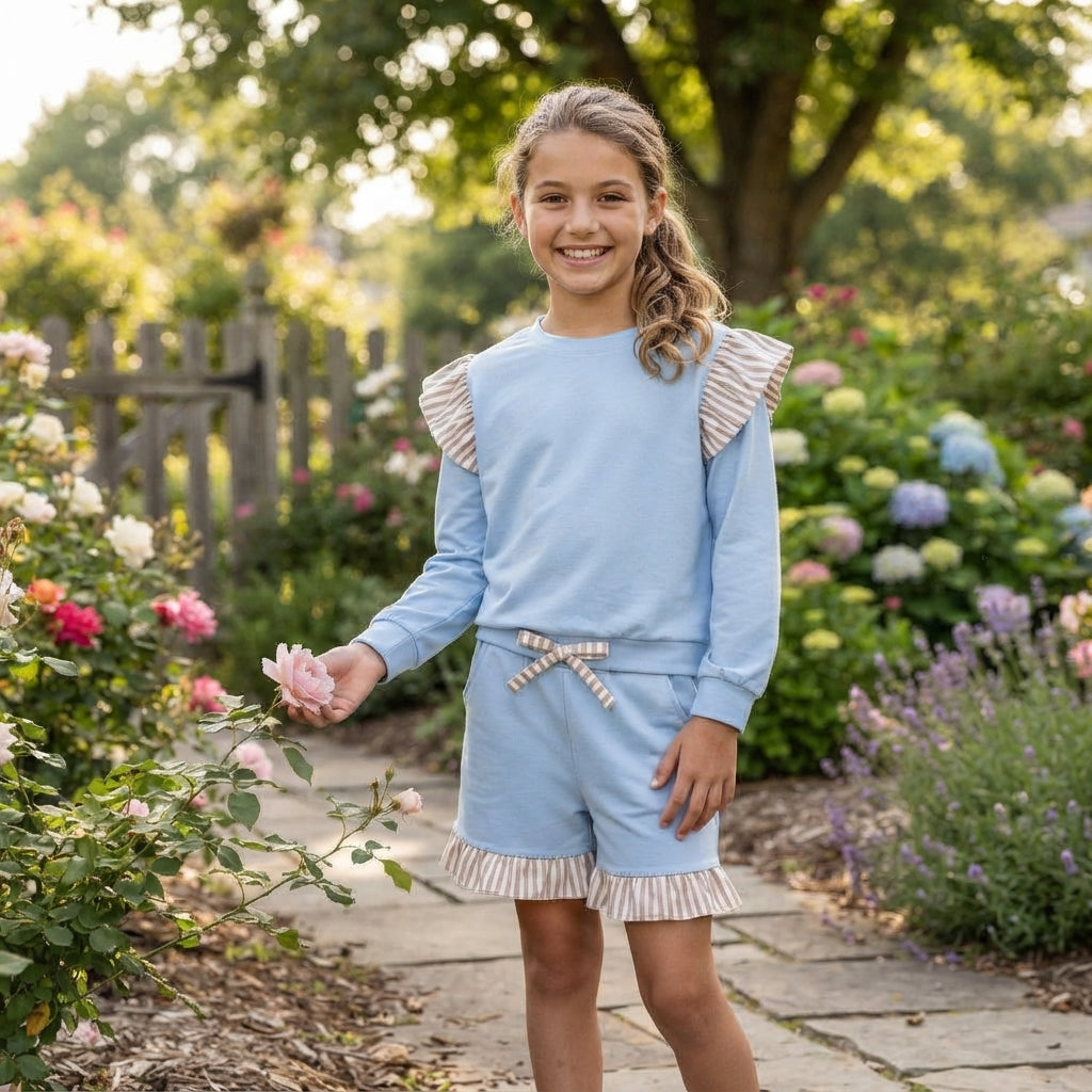 Baby Girls Blue Long Flutter Sleeve Top Pockets Ruffle Short Clothes Set