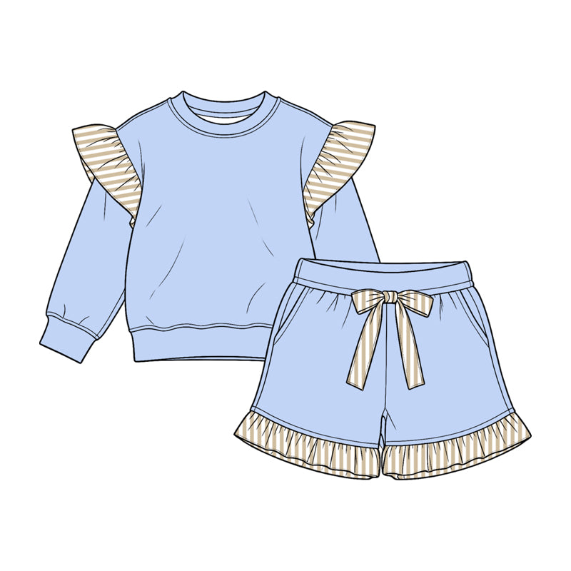 Preorder moq 5 Baby Girls Blue Stripe Flutter Sleeve Top Pockets Ruffle Short Clothes Set