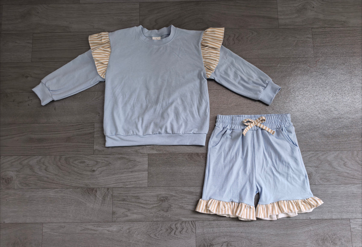 Baby Girls Blue Stripe Flutter Sleeve Top Pockets Ruffle Short Clothes Set Preorder