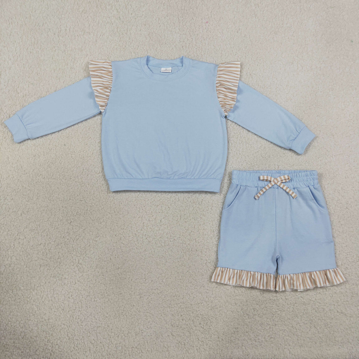 Baby Girls Blue Long Flutter Sleeve Top Pockets Ruffle Short Clothes Set