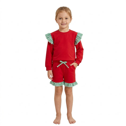 Baby Girls Red Green Stripe Shirt Top Pockets Ruffle Short Clothes Set