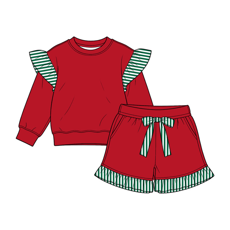 Preorder moq 5 Baby Girls Blue Stripe Flutter Sleeve Top Pockets Ruffle Short Clothes Set