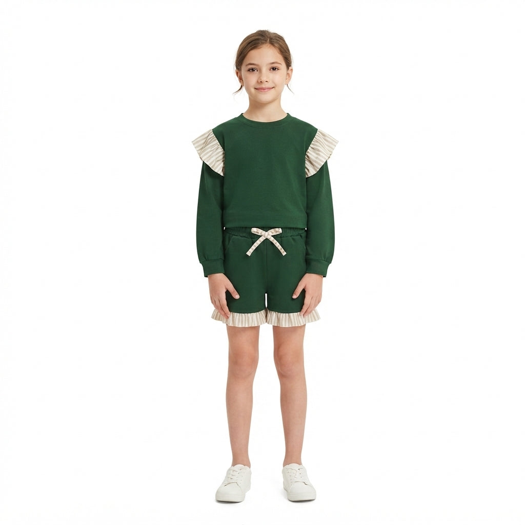 Baby Girls Dark Green Stripe Shirts Top Pockets Ruffle Short Clothes Set