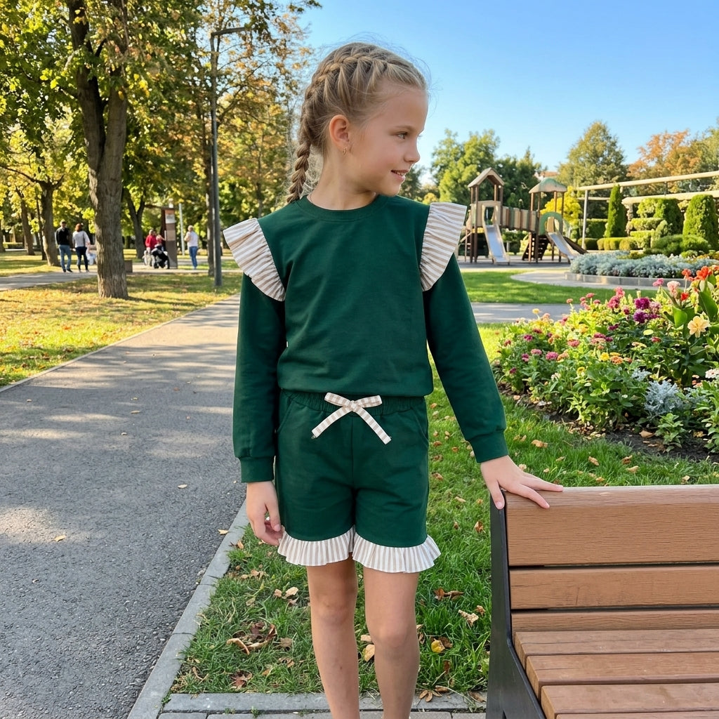 Baby Girls Dark Green Stripe Shirts Top Pockets Ruffle Short Clothes Set