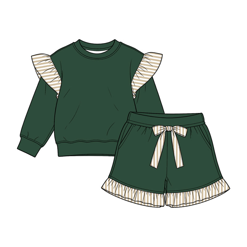 Preorder moq 5 Baby Girls Green Stripe Flutter Sleeve Top Pockets Ruffle Short Clothes Set