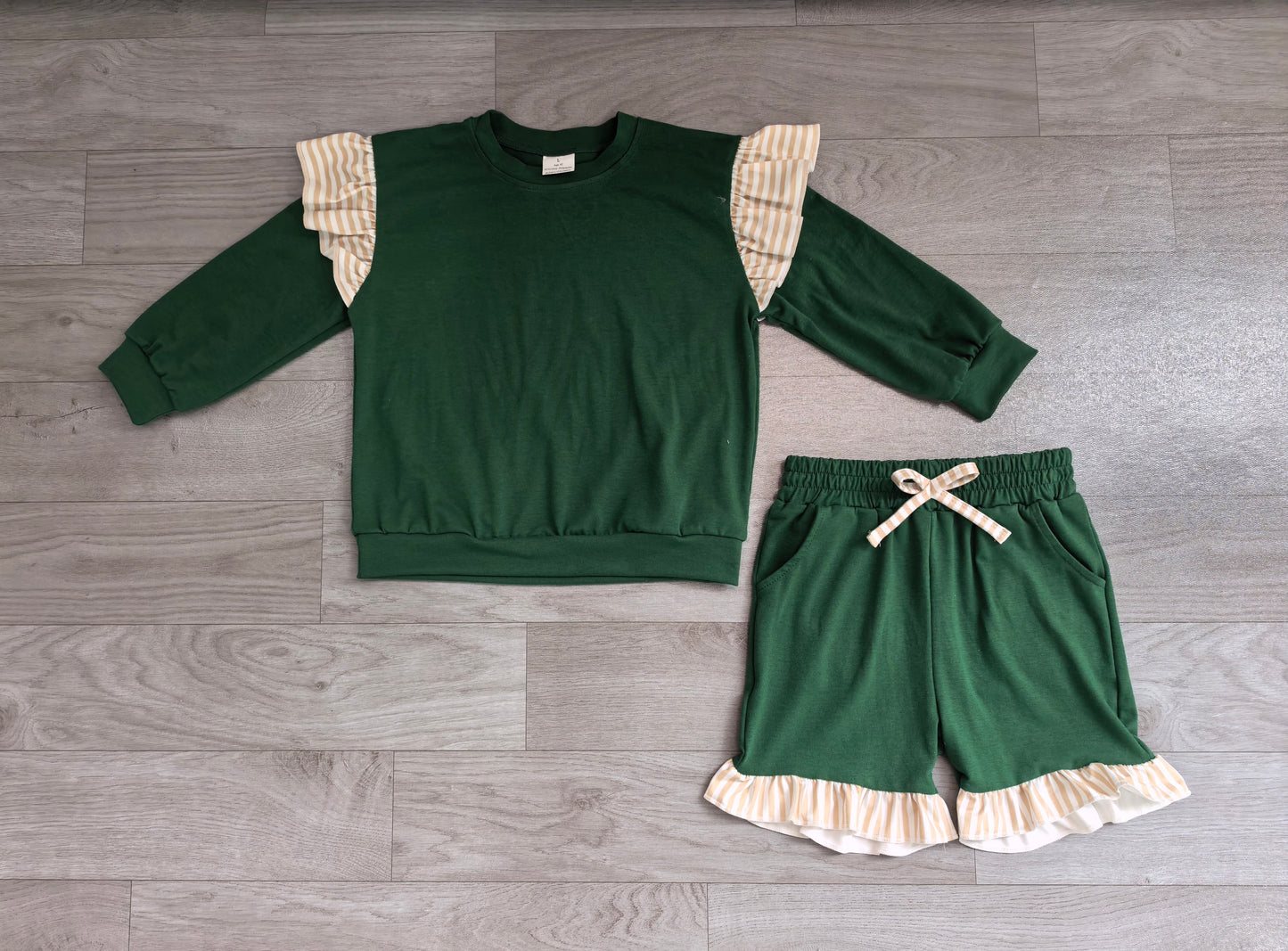 Baby Girls Green Stripe Flutter Sleeve Top Pockets Ruffle Short Clothes Set Preorder