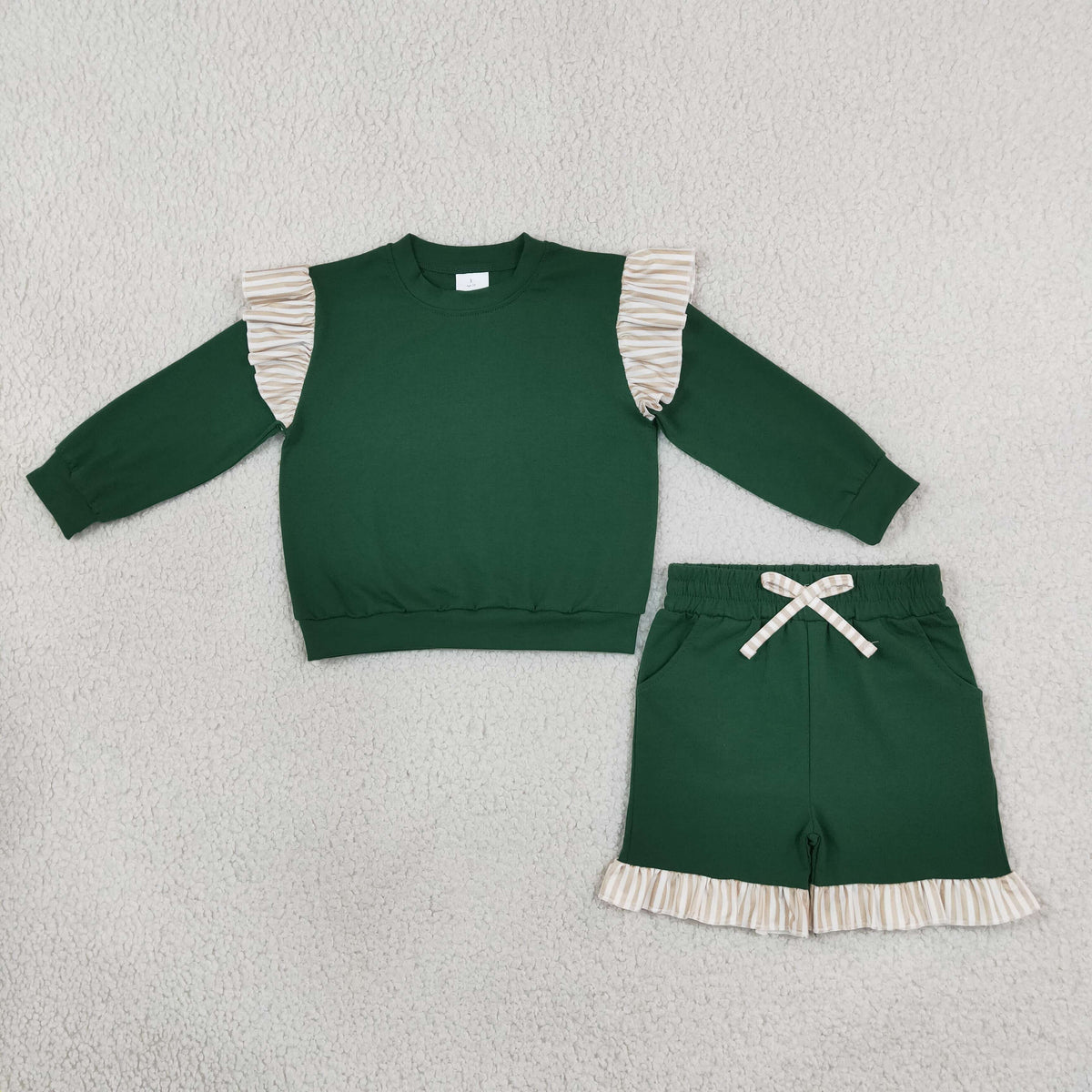 Baby Girls Dark Green Stripe Shirts Top Pockets Ruffle Short Clothes Set