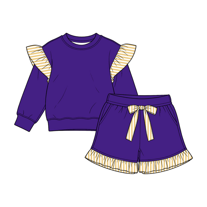 Preorder moq 5 Baby Girls Purple Stripe Flutter Sleeve Top Pockets Ruffle Short Clothes Set