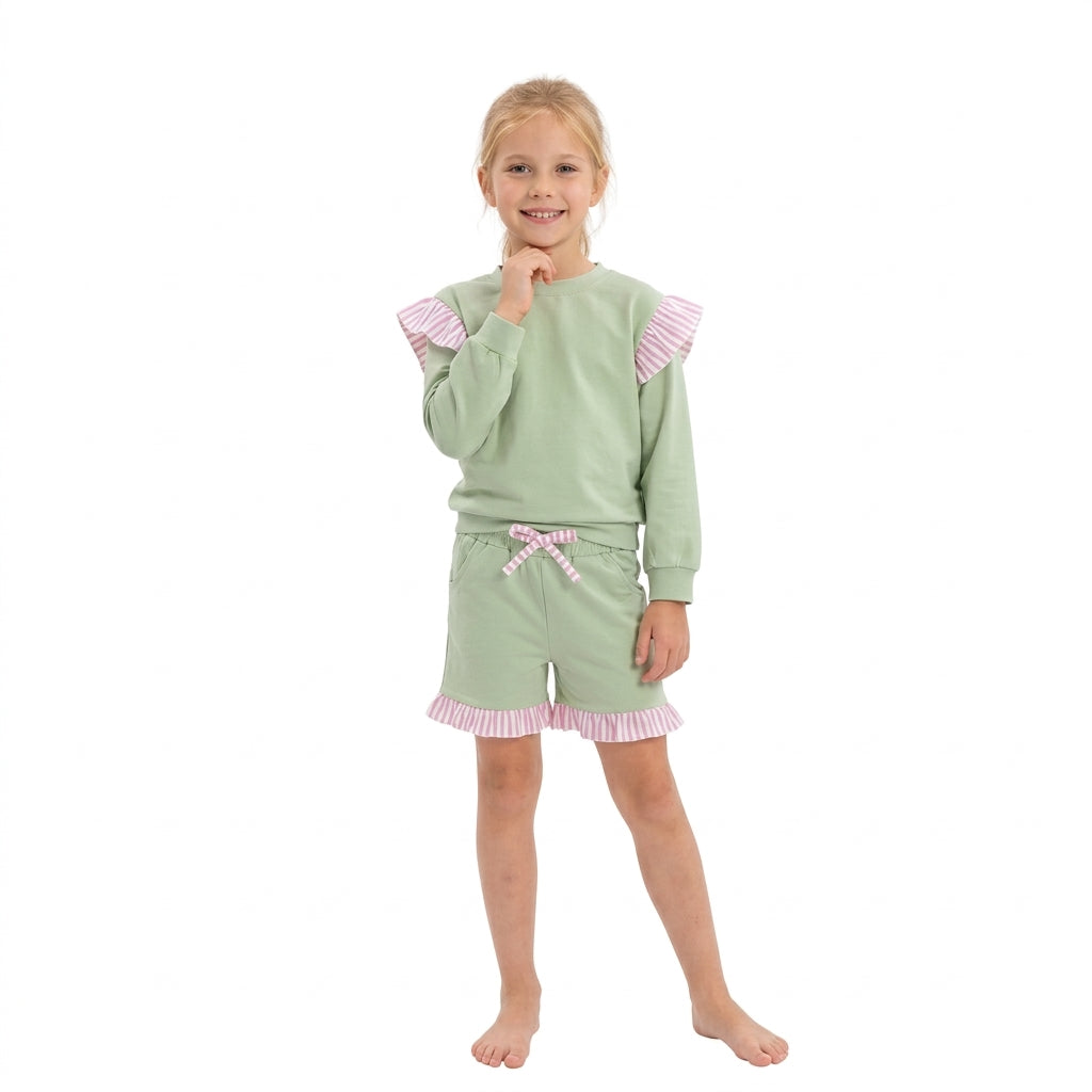 Baby Girls Green Light Pink Stripe Flutter Sleeve Top Pockets Ruffle Short Clothes Set