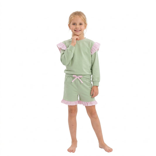 Baby Girls Green Light Pink Stripe Flutter Sleeve Top Pockets Ruffle Short Clothes Set