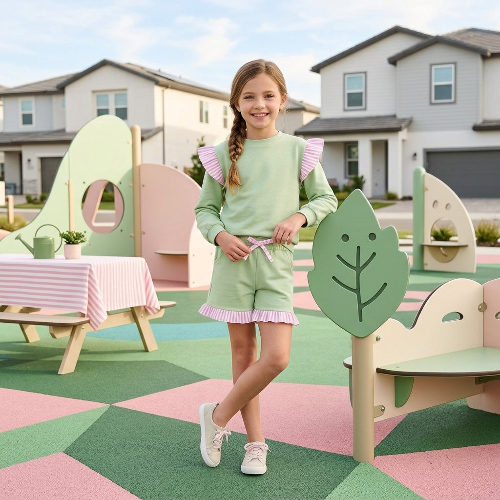 Baby Girls Green Light Pink Stripe Flutter Sleeve Top Pockets Ruffle Short Clothes Set