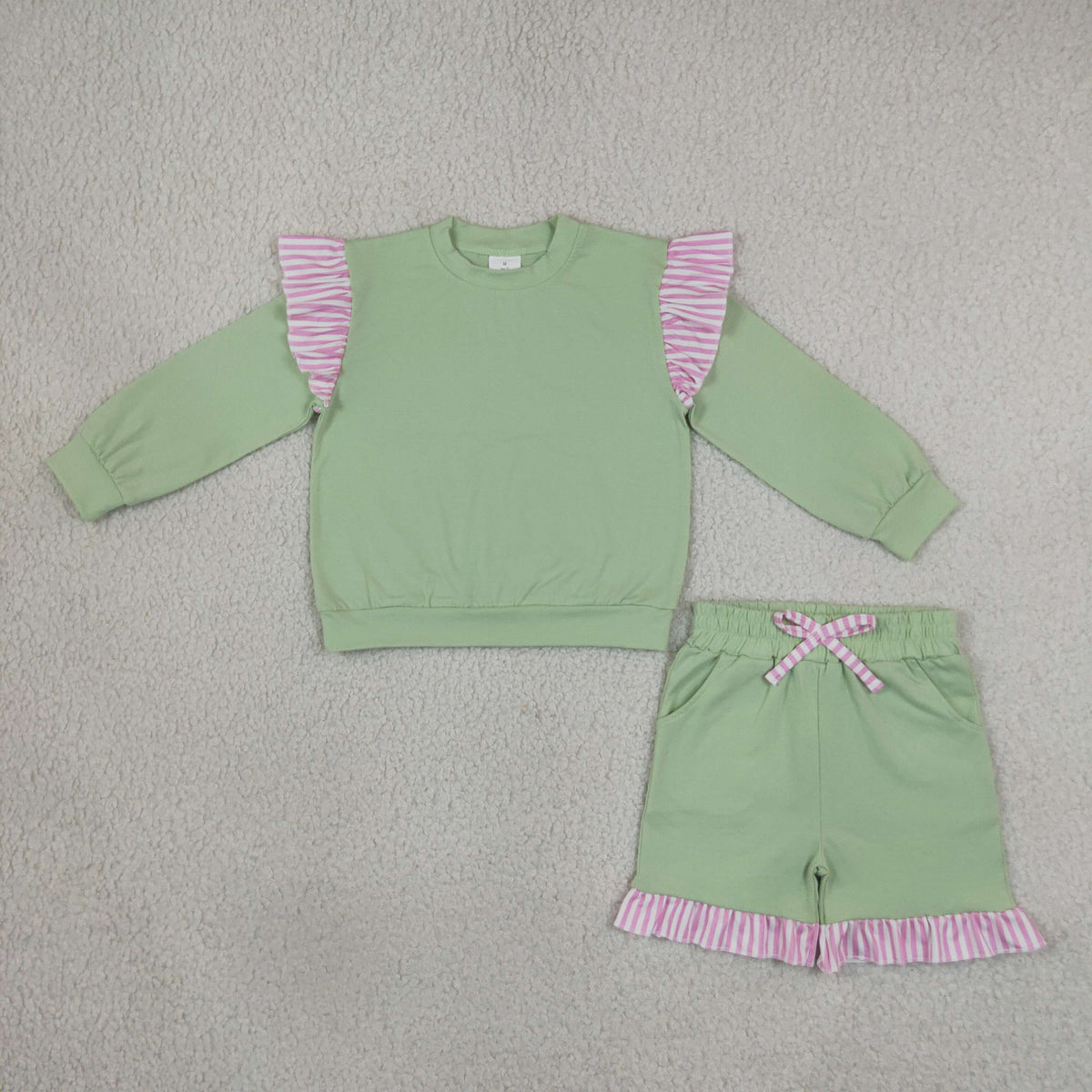 Baby Girls Green Light Pink Stripe Flutter Sleeve Top Pockets Ruffle Short Clothes Set