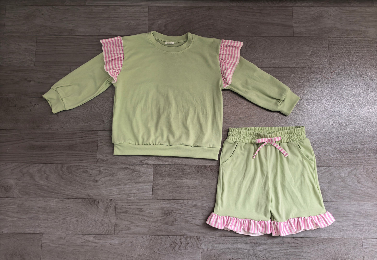 Baby Girls Light Green Stripe Flutter Sleeve Top Pockets Ruffle Short Clothes Set Preorder