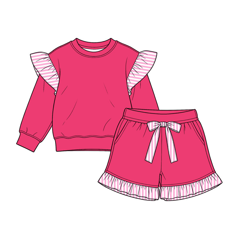 Preorder moq 5 Baby Girls Watermelon Red Stripe Flutter Sleeve Top Pockets Ruffle Short Clothes Set