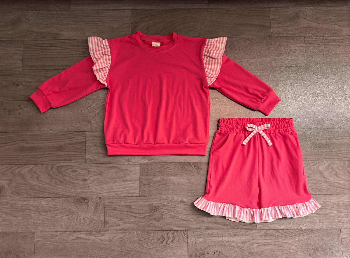 Baby Girls Watermelon Red Stripe Flutter Sleeve Top Pockets Ruffle Short Clothes Set Preorder