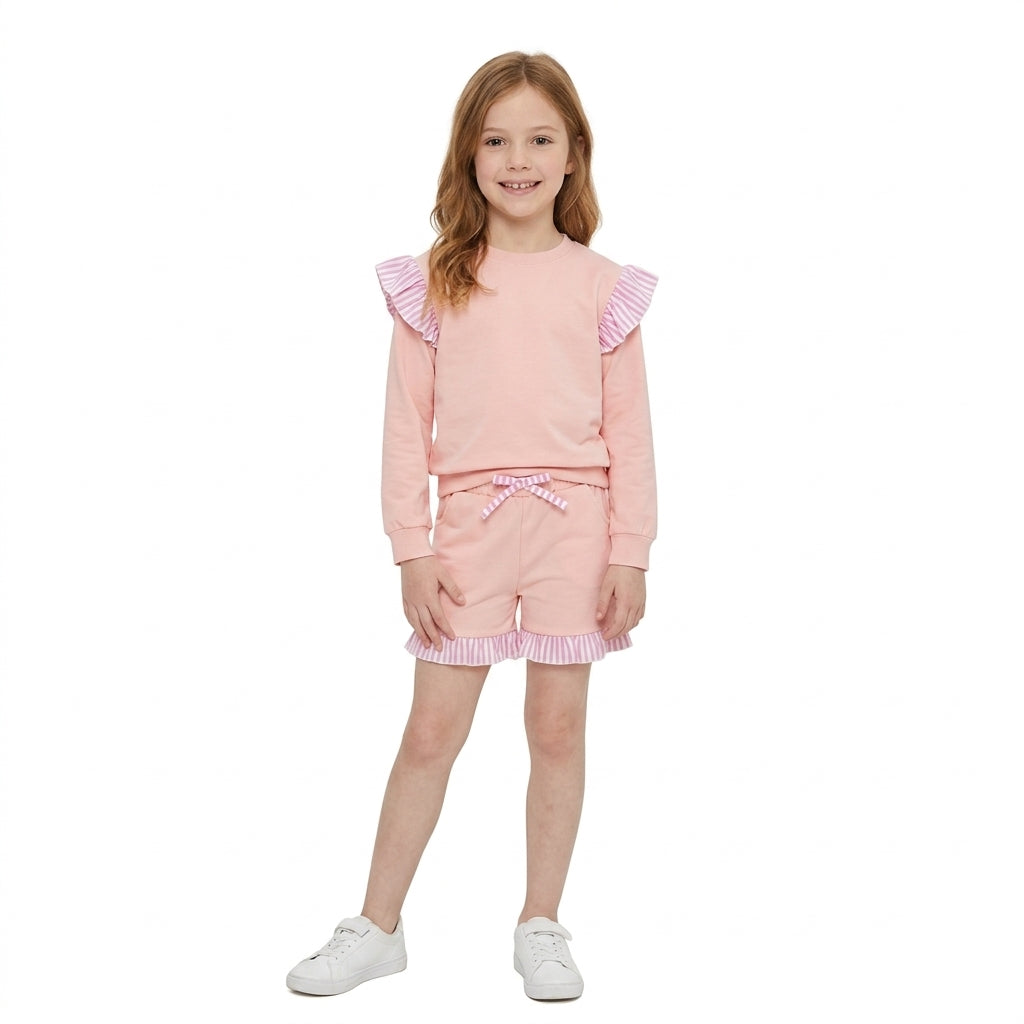 Baby Girls Light Pink Stripe Flutter Sleeve Top Pockets Ruffle Short Clothes Set