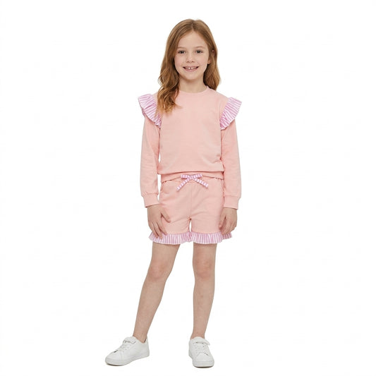 Baby Girls Light Pink Stripe Flutter Sleeve Top Pockets Ruffle Short Clothes Set