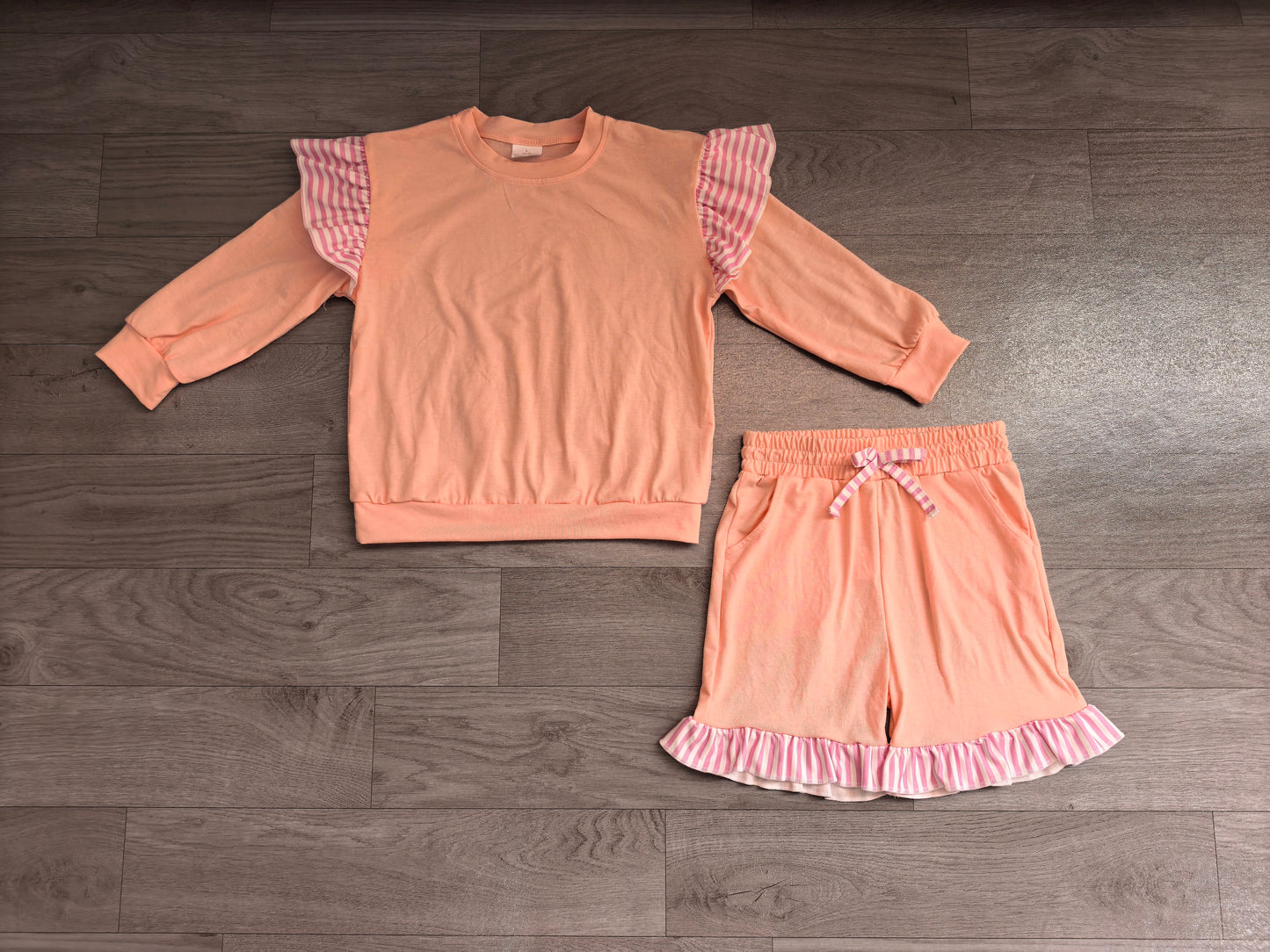 Baby Girls Light Pink Stripe Flutter Sleeve Top Pockets Ruffle Short Clothes Set Preorder