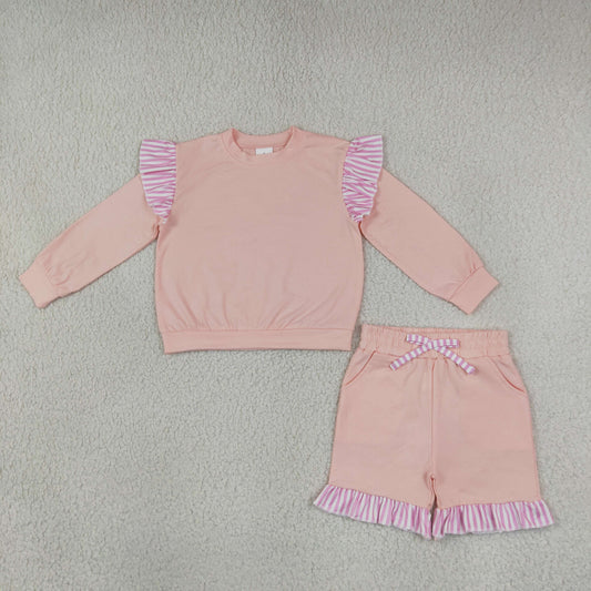 Baby Girls Light Pink Stripe Flutter Sleeve Top Pockets Ruffle Short Clothes Set