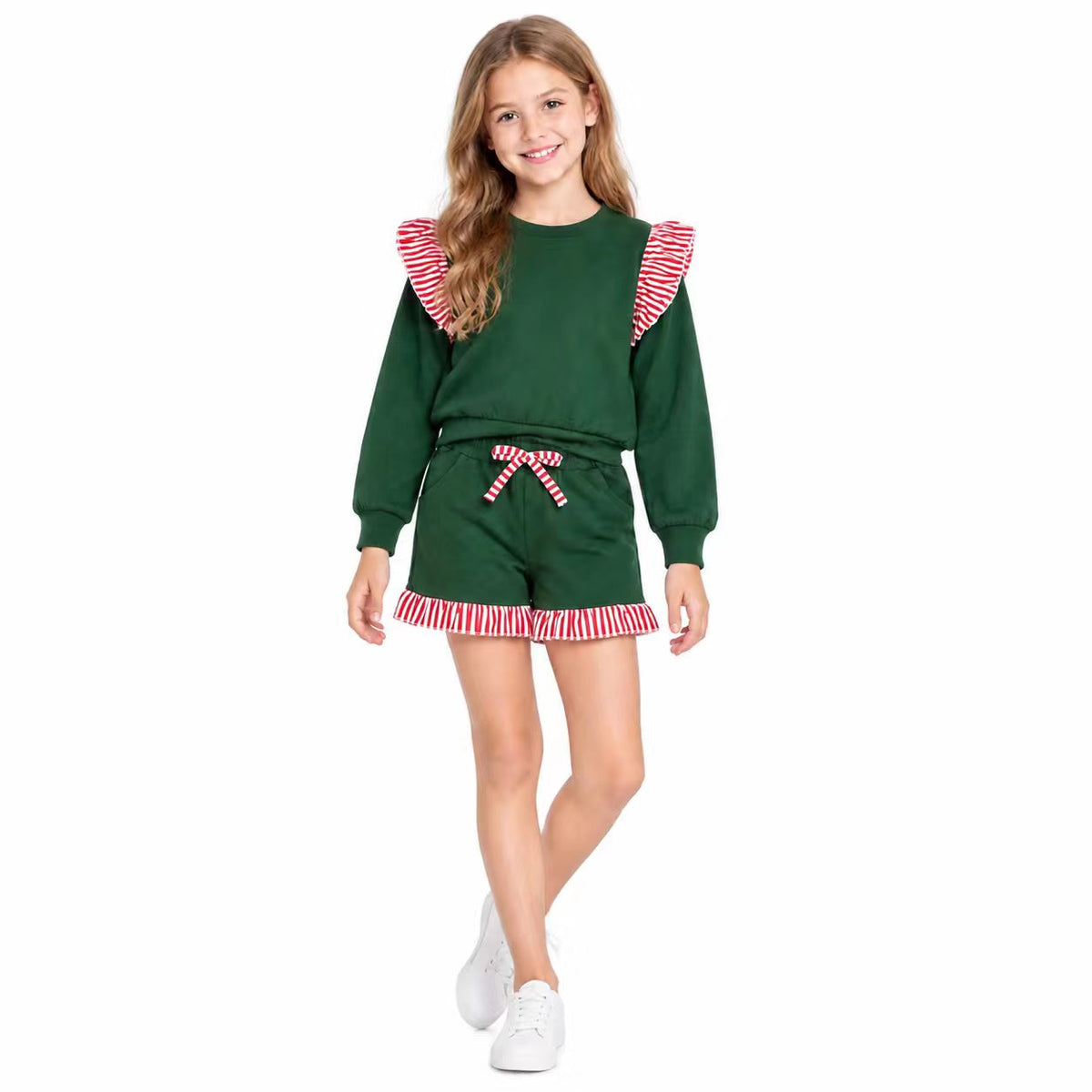 Baby Girls Green Red Stripe Flutter Sleeve Top Pockets Ruffle Short Clothes Set