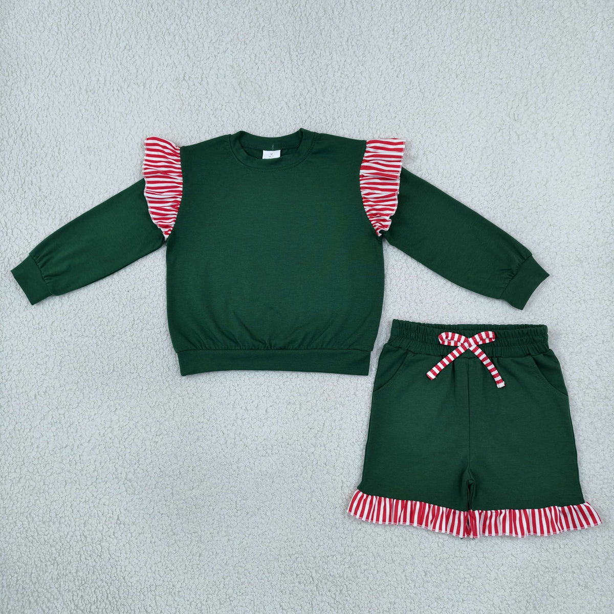 Baby Girls Green Red Stripe Flutter Sleeve Top Pockets Ruffle Short Clothes Set