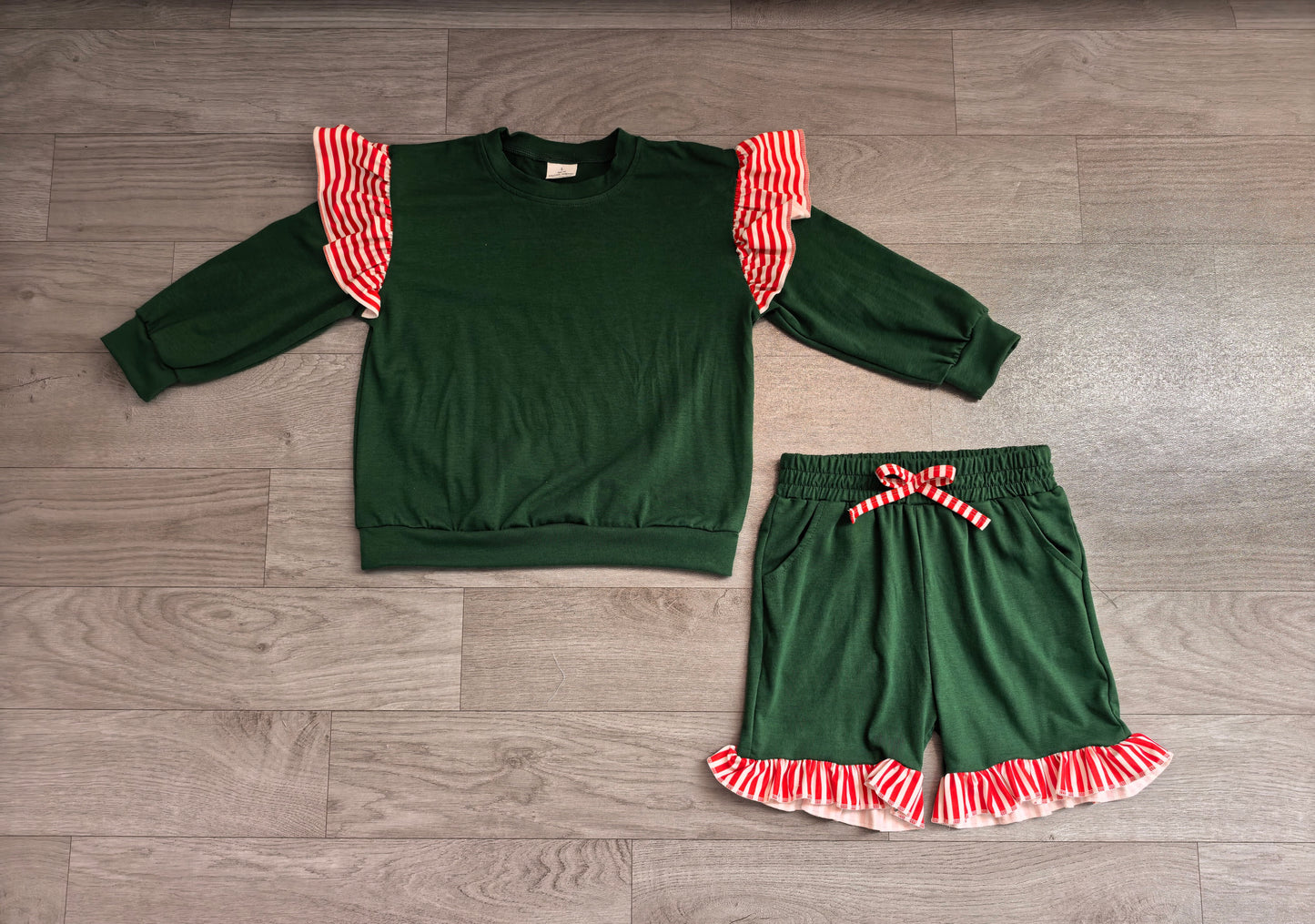 Baby Girls Green Red Stripe Flutter Sleeve Top Pockets Ruffle Short Clothes Set Preorder