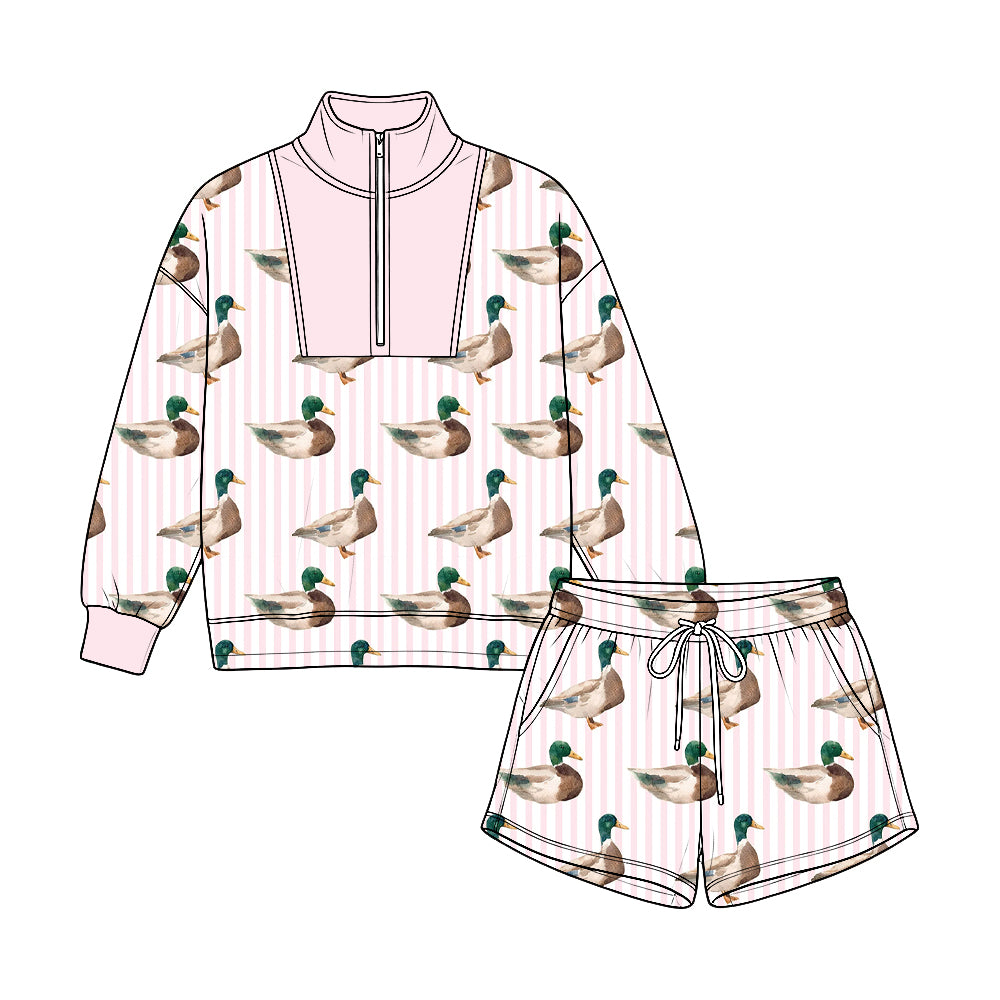 Preorder moq 5 Baby Girls Long Sleeve Pink Stripe Ducks Zip Pullovers Pockets Short Clothes Set
