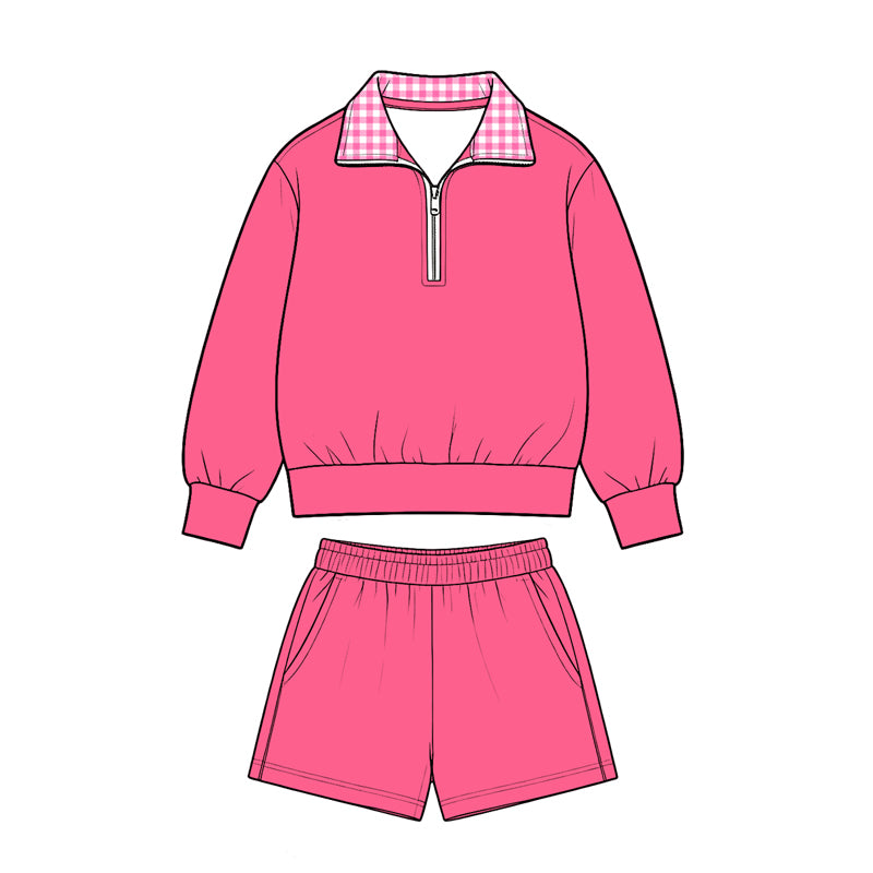 Preorder moq 5 Baby Girls Pink Long Sleeve Zip Pullover Pockets Short Clothes Set