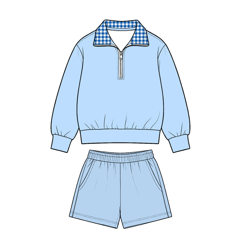 Preorder moq 5 Baby Girls Light Blue Long Sleeve Zip Pullover Pockets Short Clothes Set
