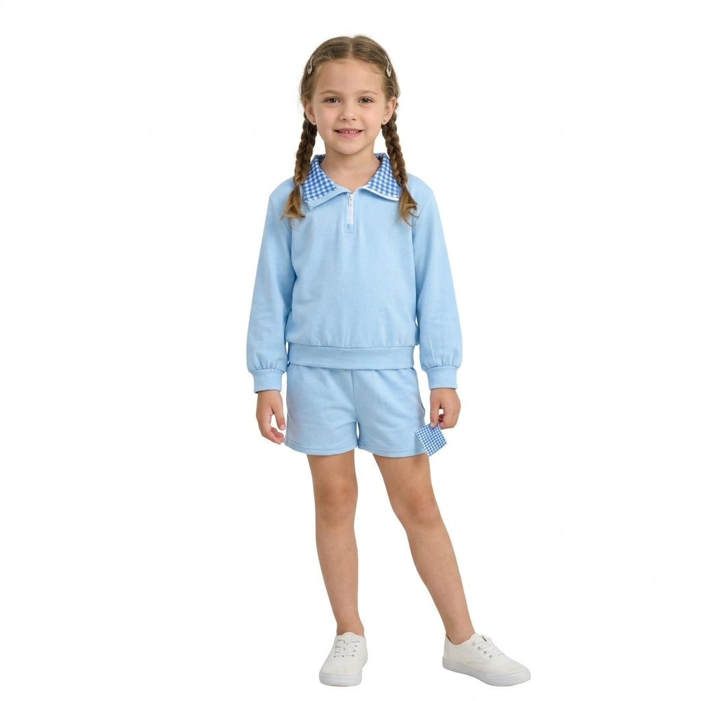Baby Girls Blue Long Sleeve Zip Pullover Pockets Short Clothes Set