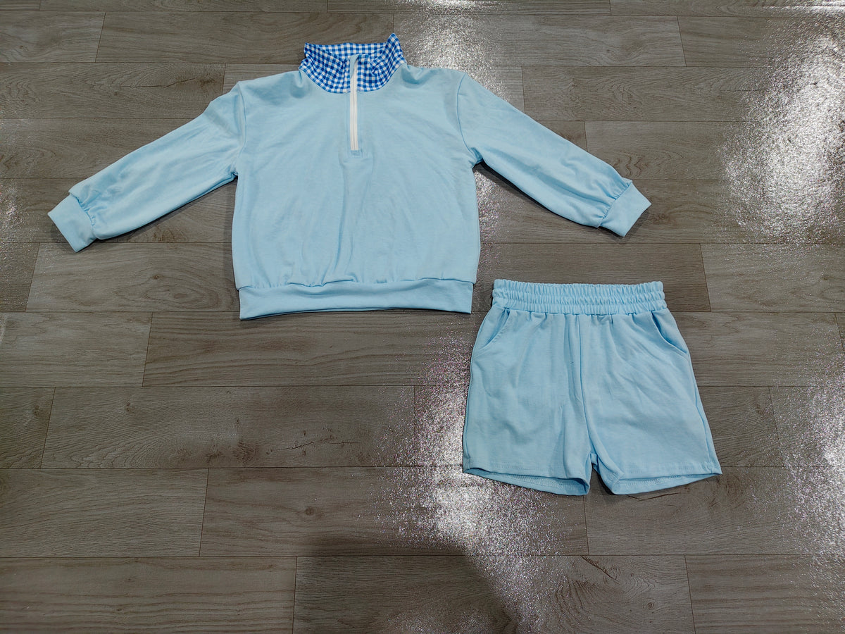 Baby Girls Light Blue Long Sleeve Zip Pullover Pockets Short Clothes Set Preorder